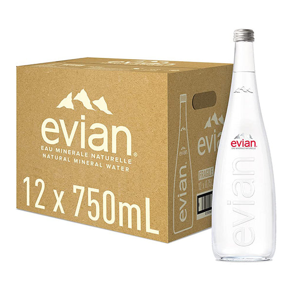 Evian Natural Mineral Water (750ML Glass Bottle x 12)